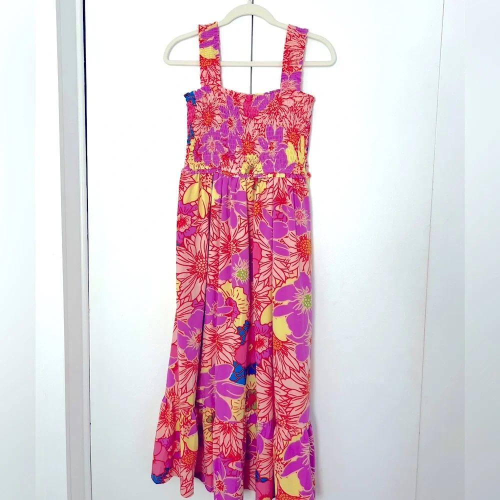 Entro NWOT floral smocked midi dress bright fun colorful pockets sundress multi - Picture 2 of 7